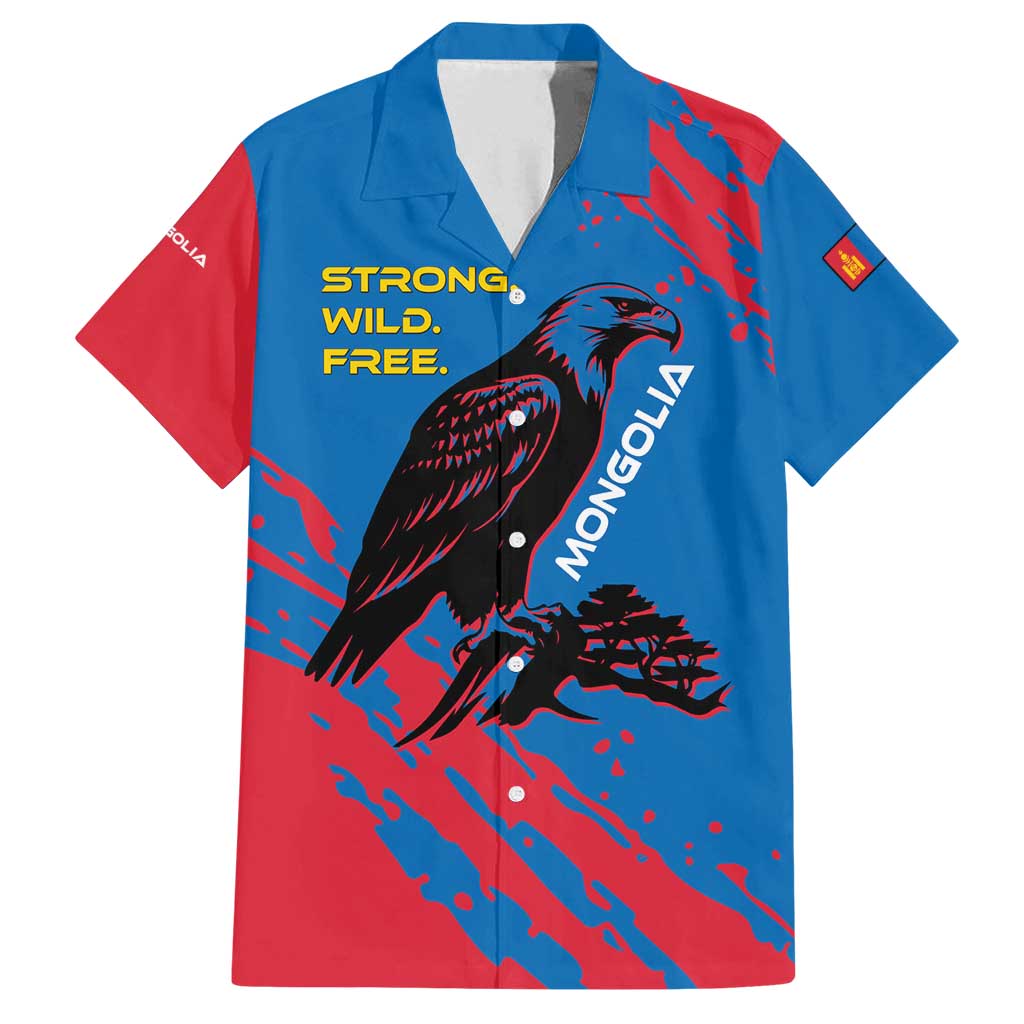 Mongolia Family Matching Long Sleeve Bodycon Dress and Hawaiian Shirt with Eagle Strong Wild Free Red Blue Brush Spirit