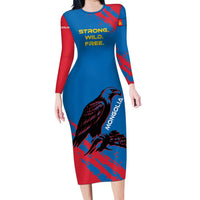 Mongolia Family Matching Long Sleeve Bodycon Dress and Hawaiian Shirt with Eagle Strong Wild Free Red Blue Brush Spirit