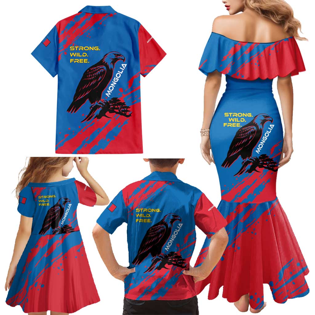 Mongolia Family Matching Mermaid Dress and Hawaiian Shirt with Eagle Strong Wild Free Red Blue Brush Spirit