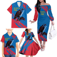 Mongolia Family Matching Off The Shoulder Long Sleeve Dress and Hawaiian Shirt with Eagle Strong Wild Free Red Blue Brush Spirit