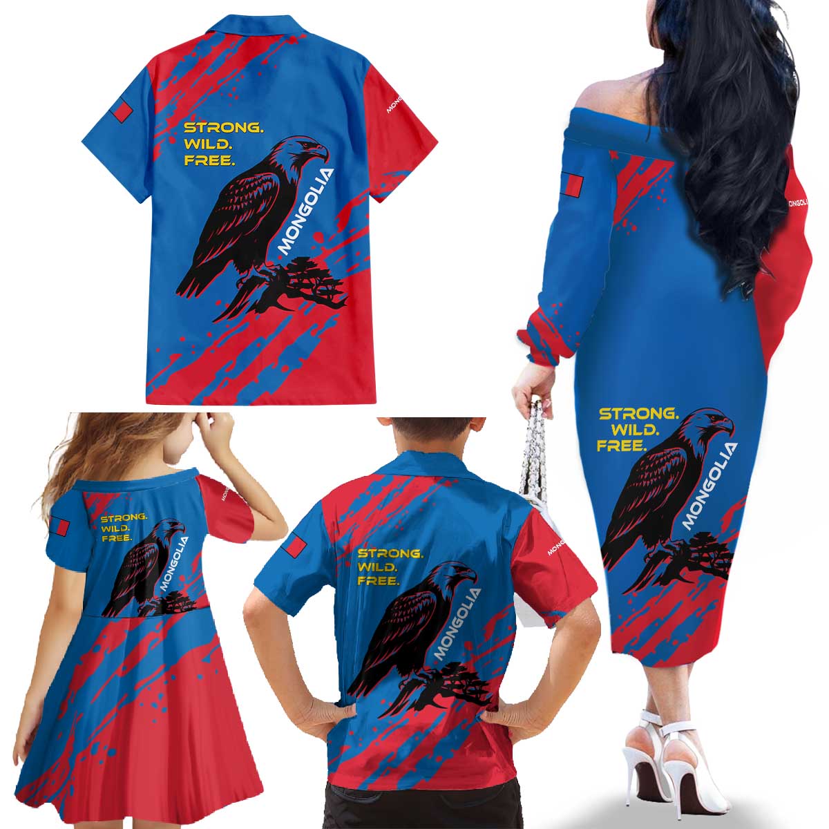 Mongolia Family Matching Off The Shoulder Long Sleeve Dress and Hawaiian Shirt with Eagle Strong Wild Free Red Blue Brush Spirit