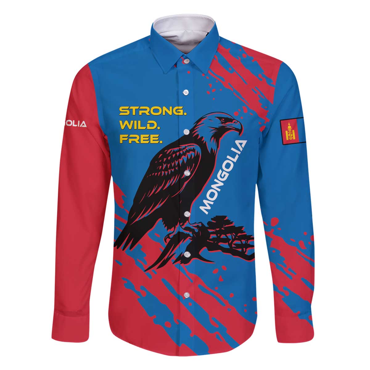 Mongolia Family Matching Off The Shoulder Long Sleeve Dress and Hawaiian Shirt with Eagle Strong Wild Free Red Blue Brush Spirit