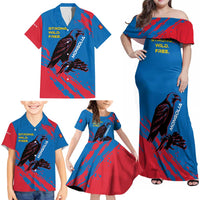Mongolia Family Matching Off Shoulder Maxi Dress and Hawaiian Shirt with Eagle Strong Wild Free Red Blue Brush Spirit