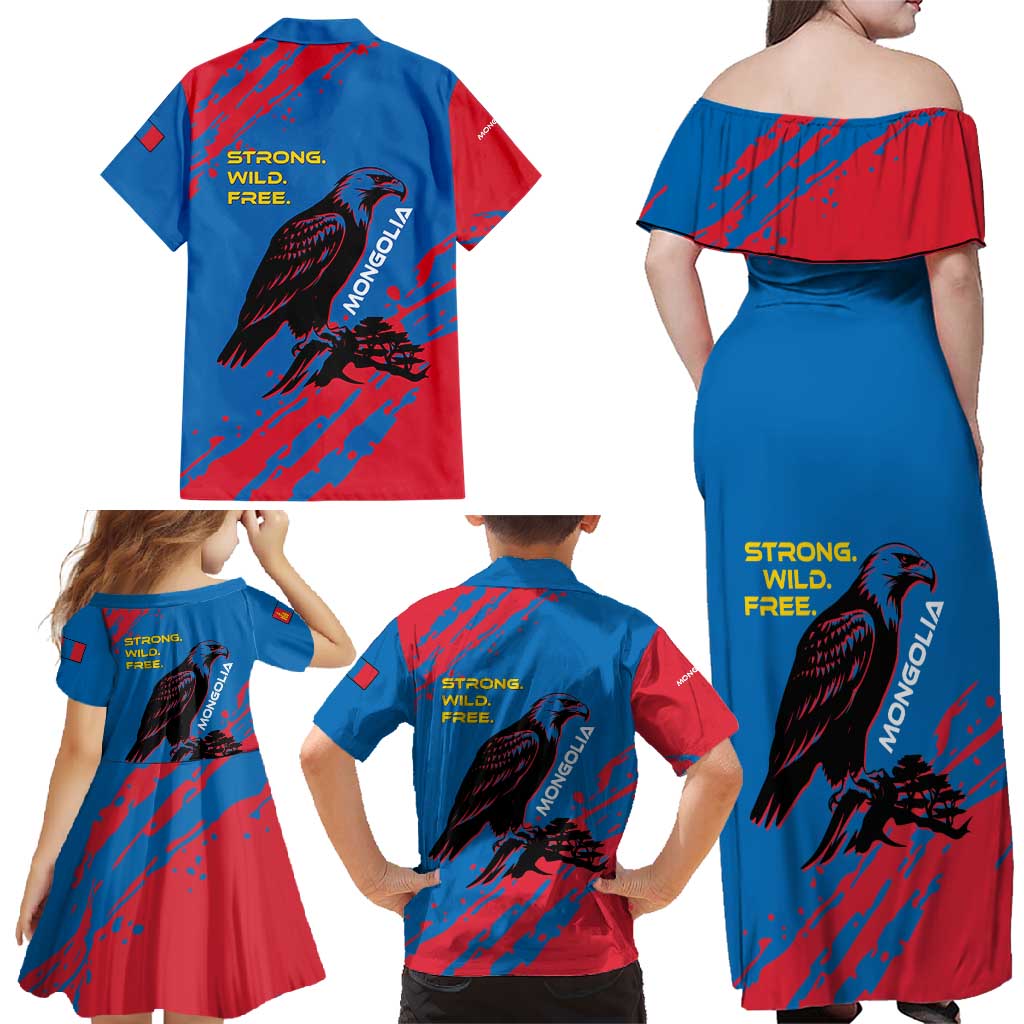 Mongolia Family Matching Off Shoulder Maxi Dress and Hawaiian Shirt with Eagle Strong Wild Free Red Blue Brush Spirit