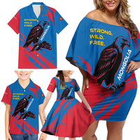 Mongolia Family Matching Off Shoulder Short Dress and Hawaiian Shirt with Eagle Strong Wild Free Red Blue Brush Spirit