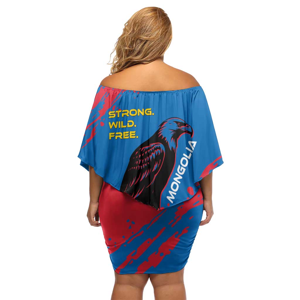 Mongolia Family Matching Off Shoulder Short Dress and Hawaiian Shirt with Eagle Strong Wild Free Red Blue Brush Spirit