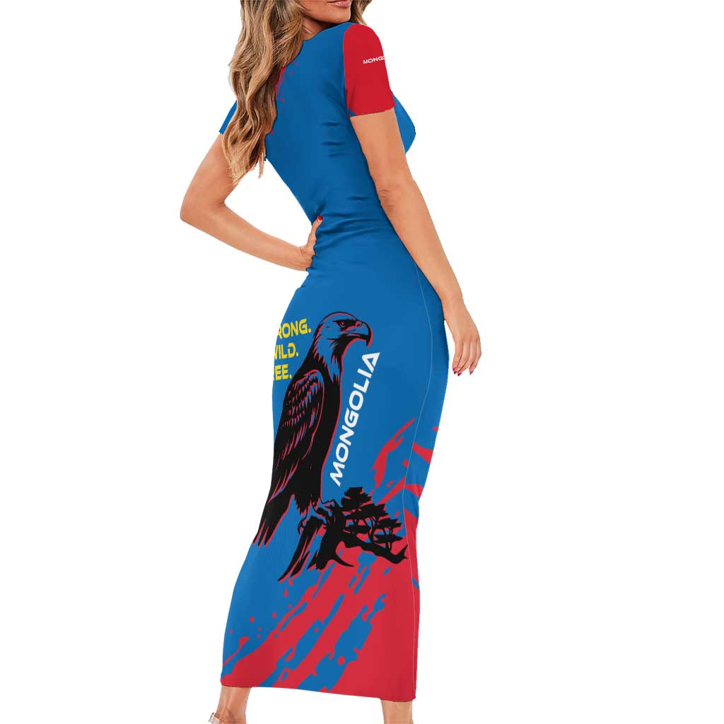 Mongolia Family Matching Short Sleeve Bodycon Dress and Hawaiian Shirt with Eagle Strong Wild Free Red Blue Brush Spirit