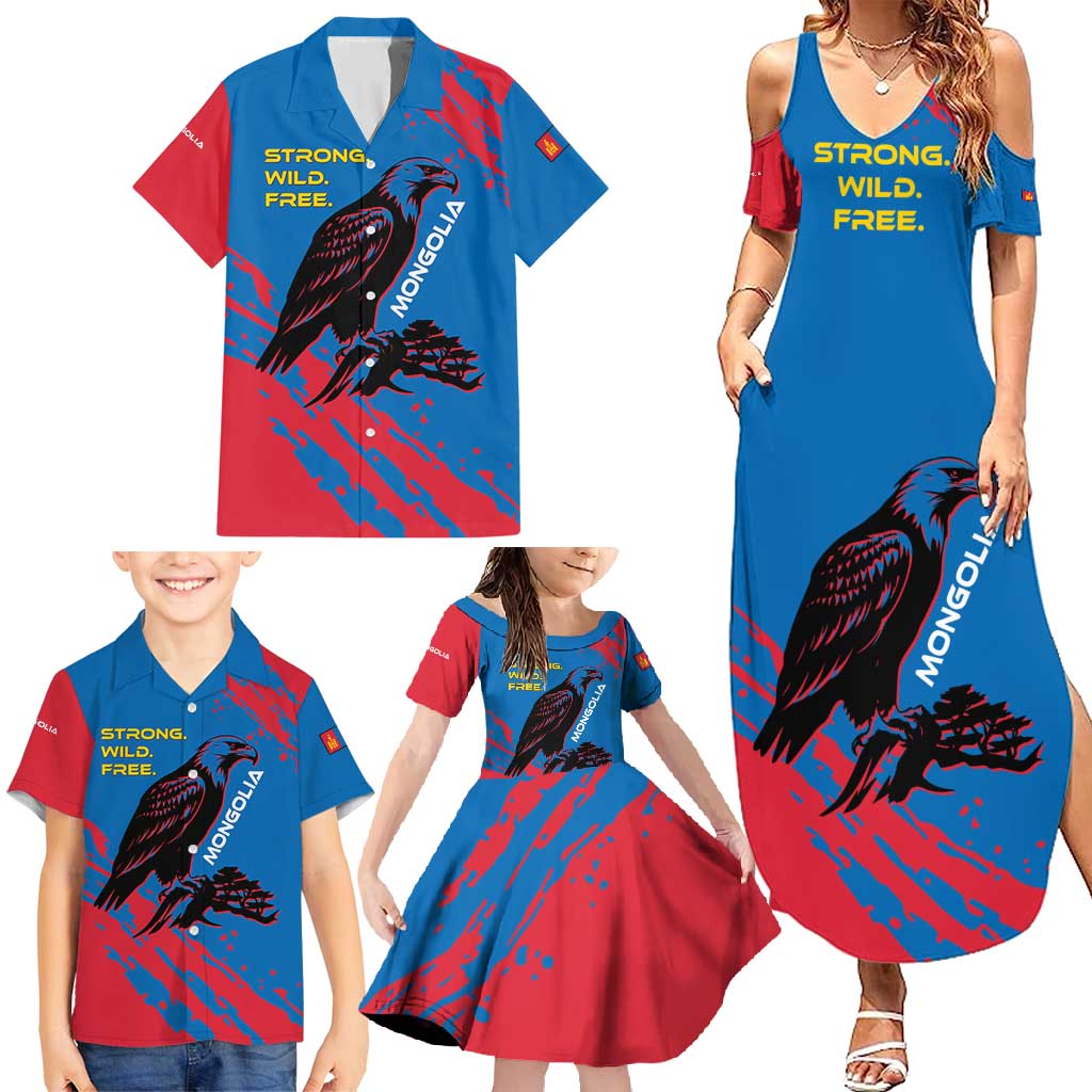 Mongolia Family Matching Summer Maxi Dress and Hawaiian Shirt with Eagle Strong Wild Free Red Blue Brush Spirit