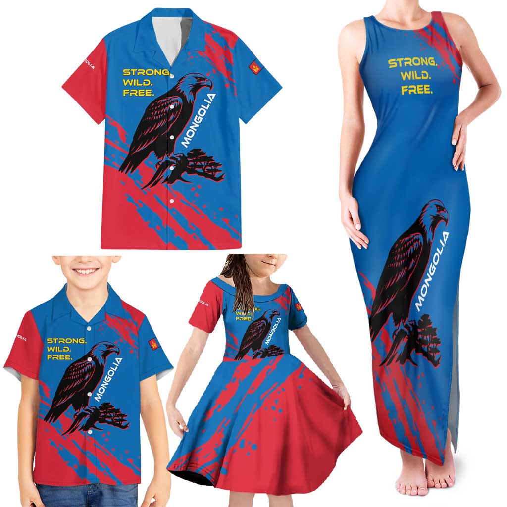 Mongolia Family Matching Tank Maxi Dress and Hawaiian Shirt with Eagle Strong Wild Free Red Blue Brush Spirit