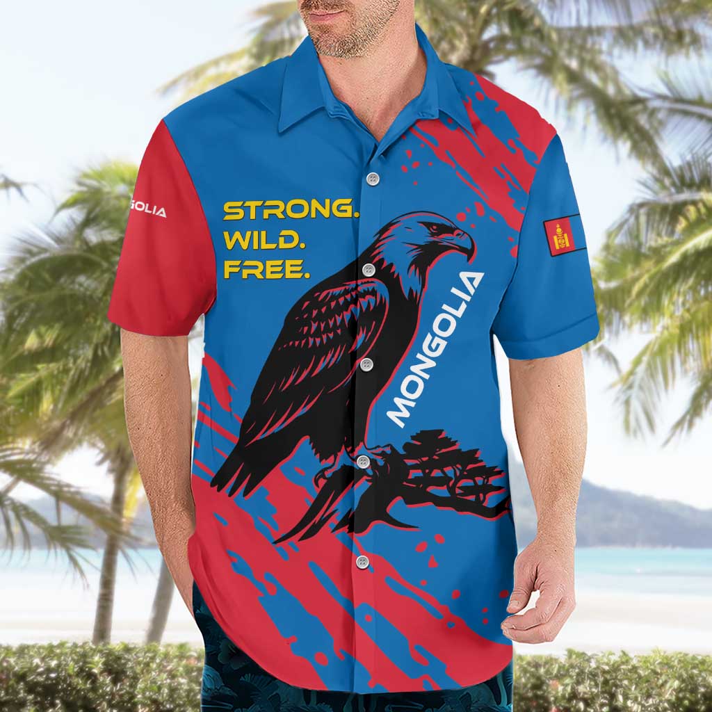 Mongolia Hawaiian Shirt with Eagle Strong Wild Free Red Blue Brush Spirit