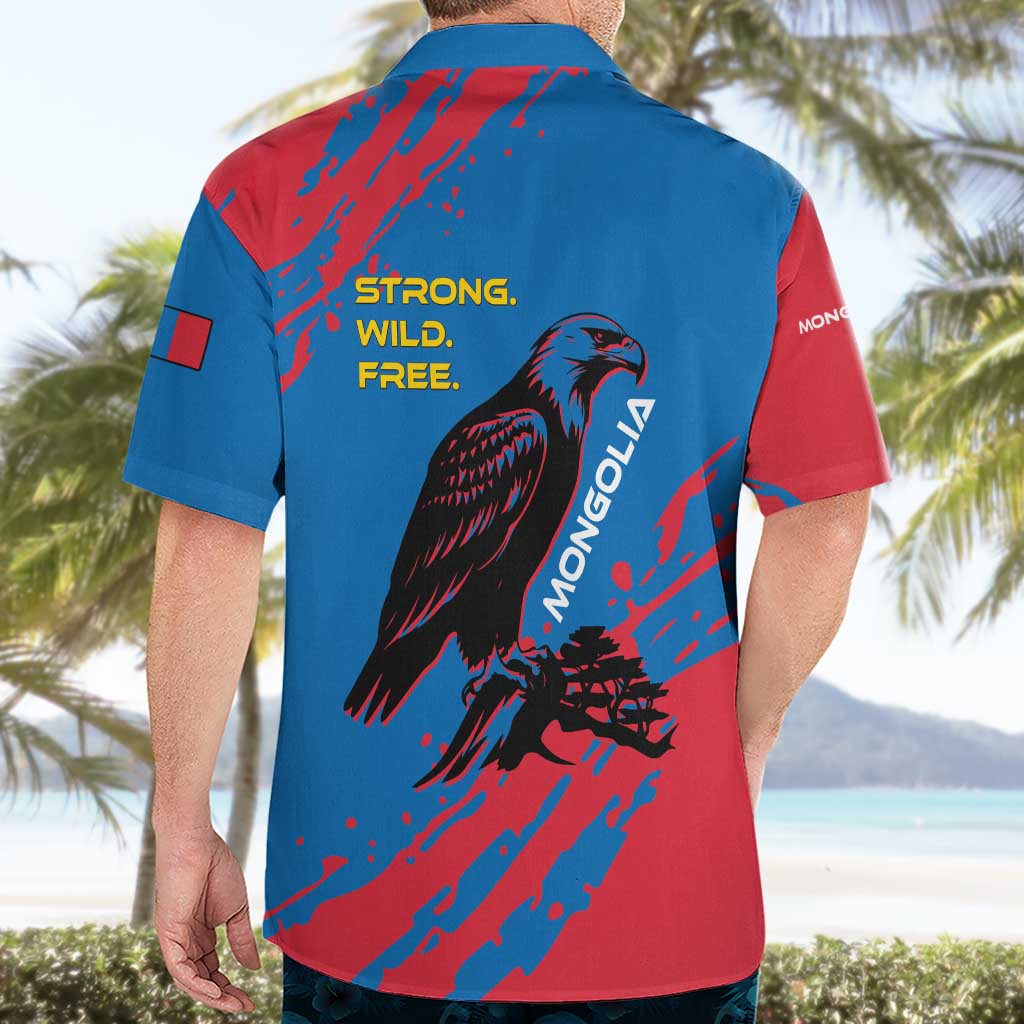 Mongolia Hawaiian Shirt with Eagle Strong Wild Free Red Blue Brush Spirit