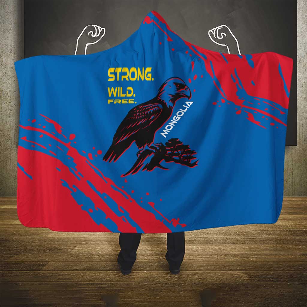 Mongolia Hooded Blanket with Eagle Strong Wild Free Red Blue Brush Spirit