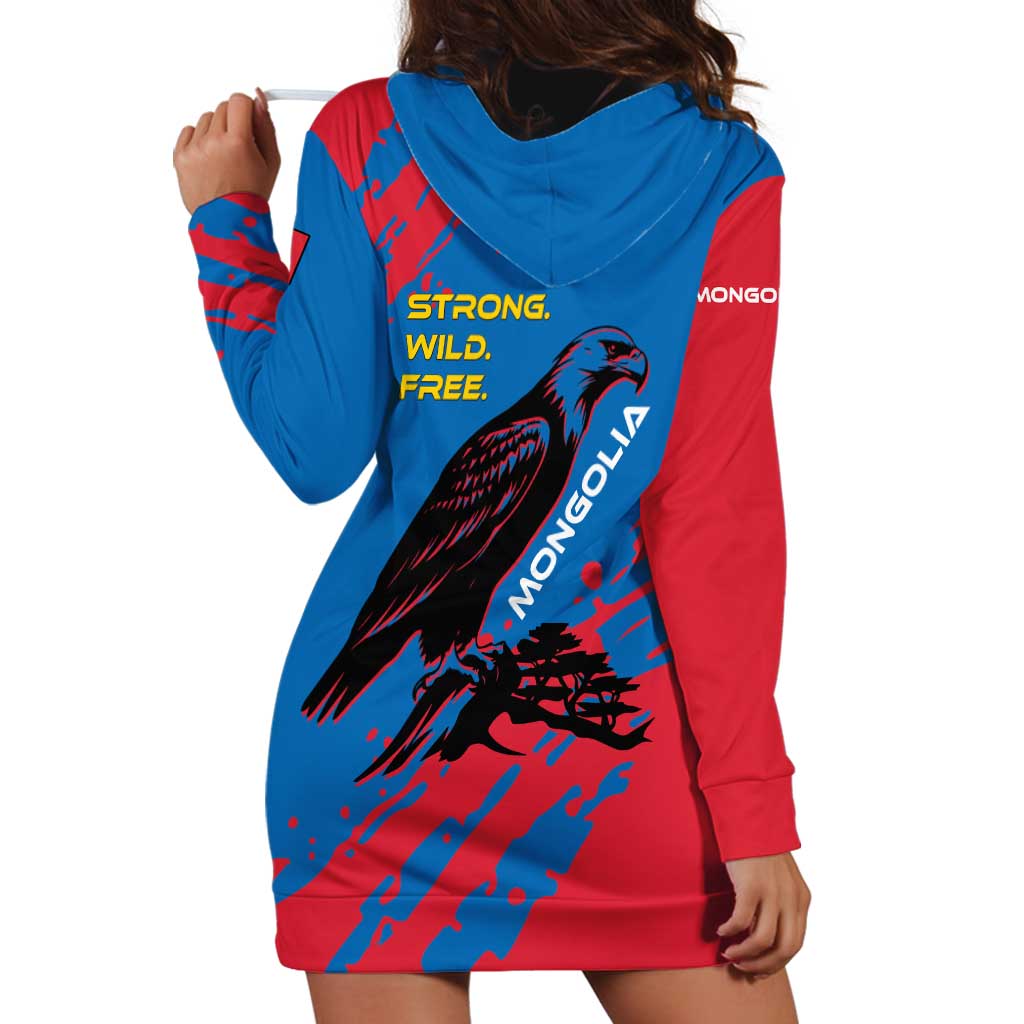 Mongolia Hoodie Dress with Eagle Strong Wild Free Red Blue Brush Spirit