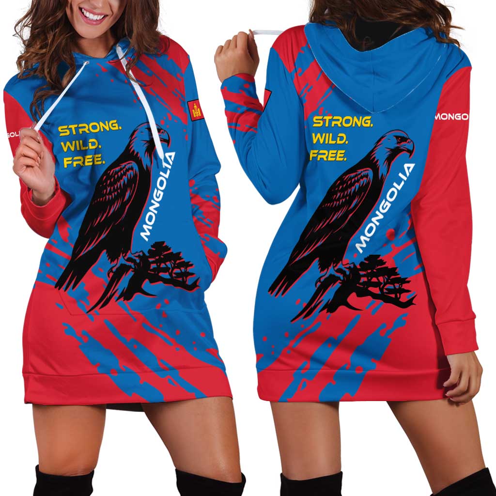 Mongolia Hoodie Dress with Eagle Strong Wild Free Red Blue Brush Spirit