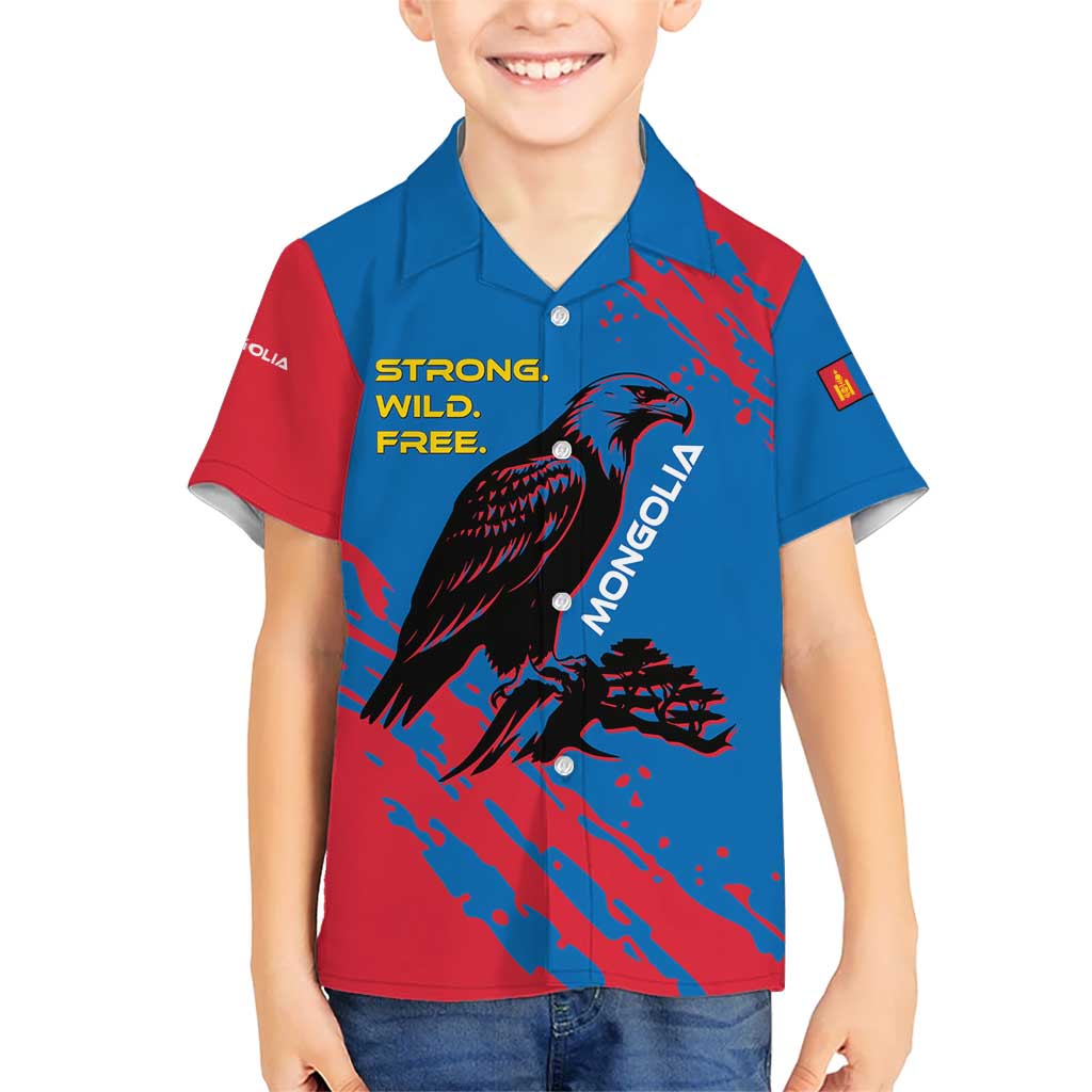 Mongolia Kid Hawaiian Shirt with Eagle Strong Wild Free Red Blue Brush Spirit