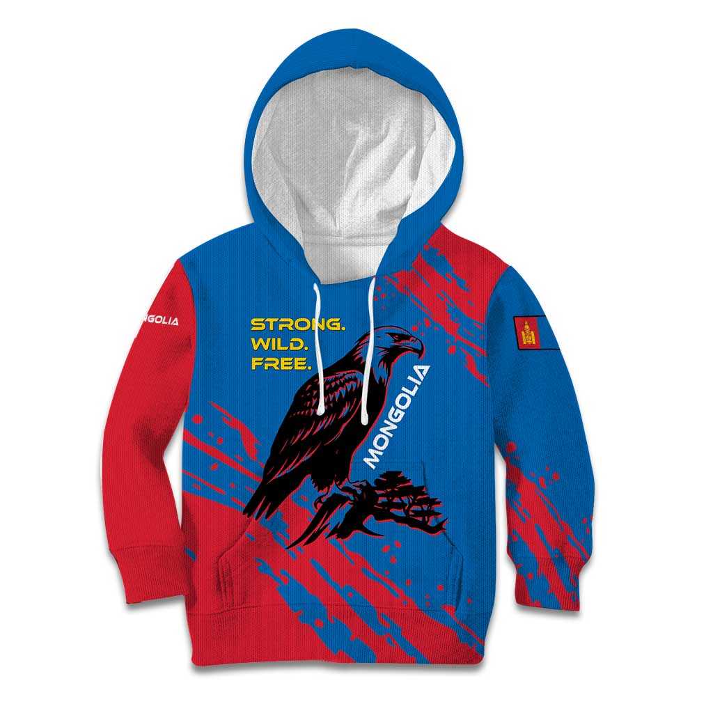 Mongolia Kid Hoodie with Eagle Strong Wild Free Red Blue Brush Spirit