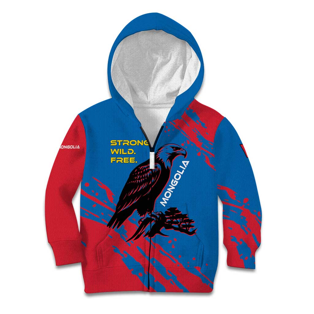 Mongolia Kid Hoodie with Eagle Strong Wild Free Red Blue Brush Spirit