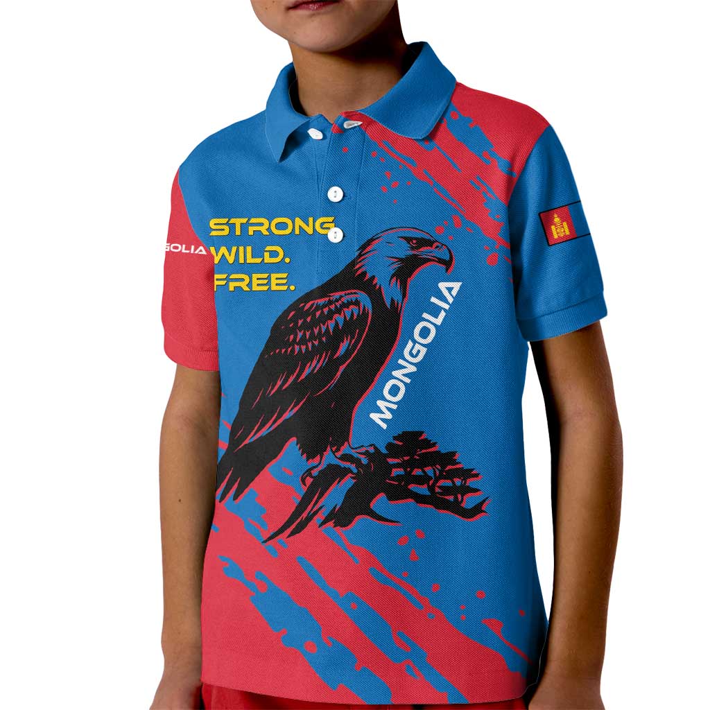 Mongolia Kid Polo Shirt with Eagle Strong Wild Free Red Blue Brush Spirit