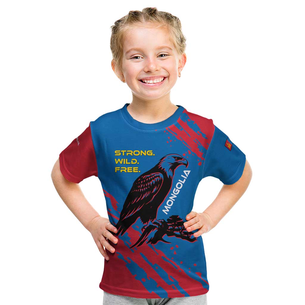 Mongolia Kid T Shirt with Eagle Strong Wild Free Red Blue Brush Spirit