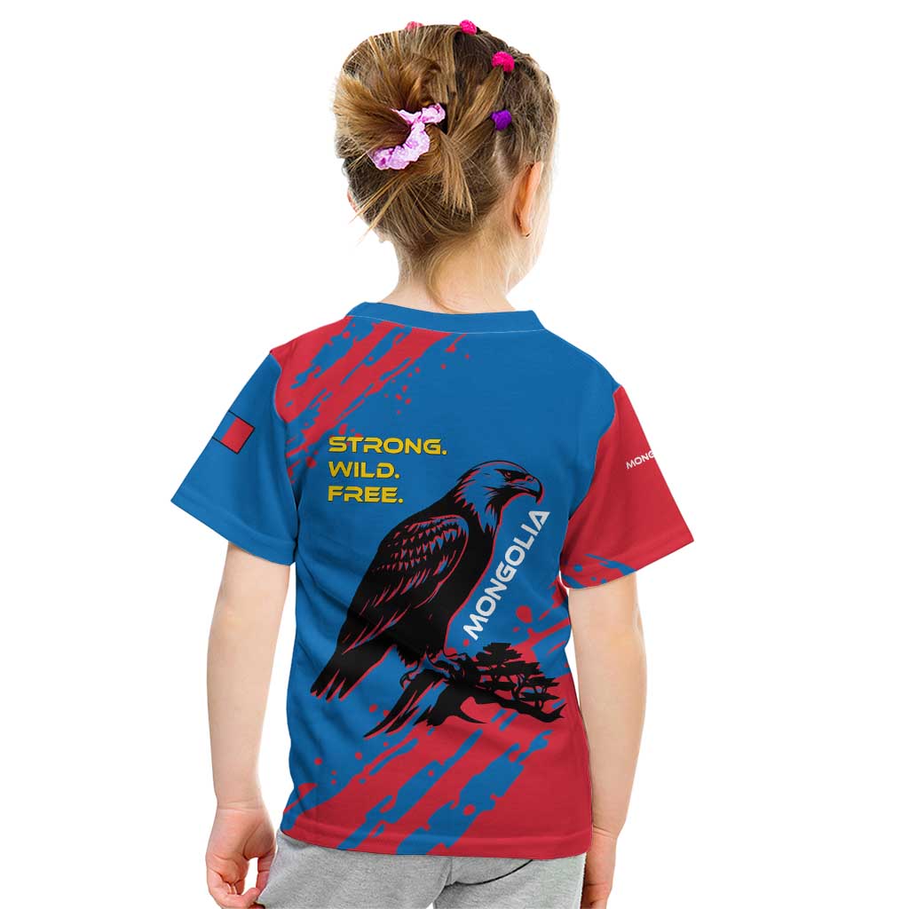Mongolia Kid T Shirt with Eagle Strong Wild Free Red Blue Brush Spirit