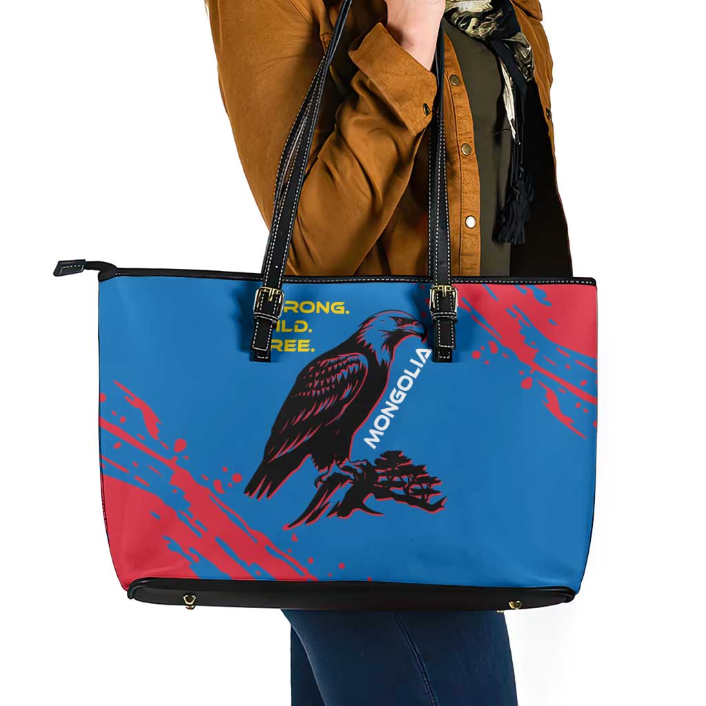 Mongolia Leather Tote Bag with Eagle Strong Wild Free Red Blue Brush Spirit