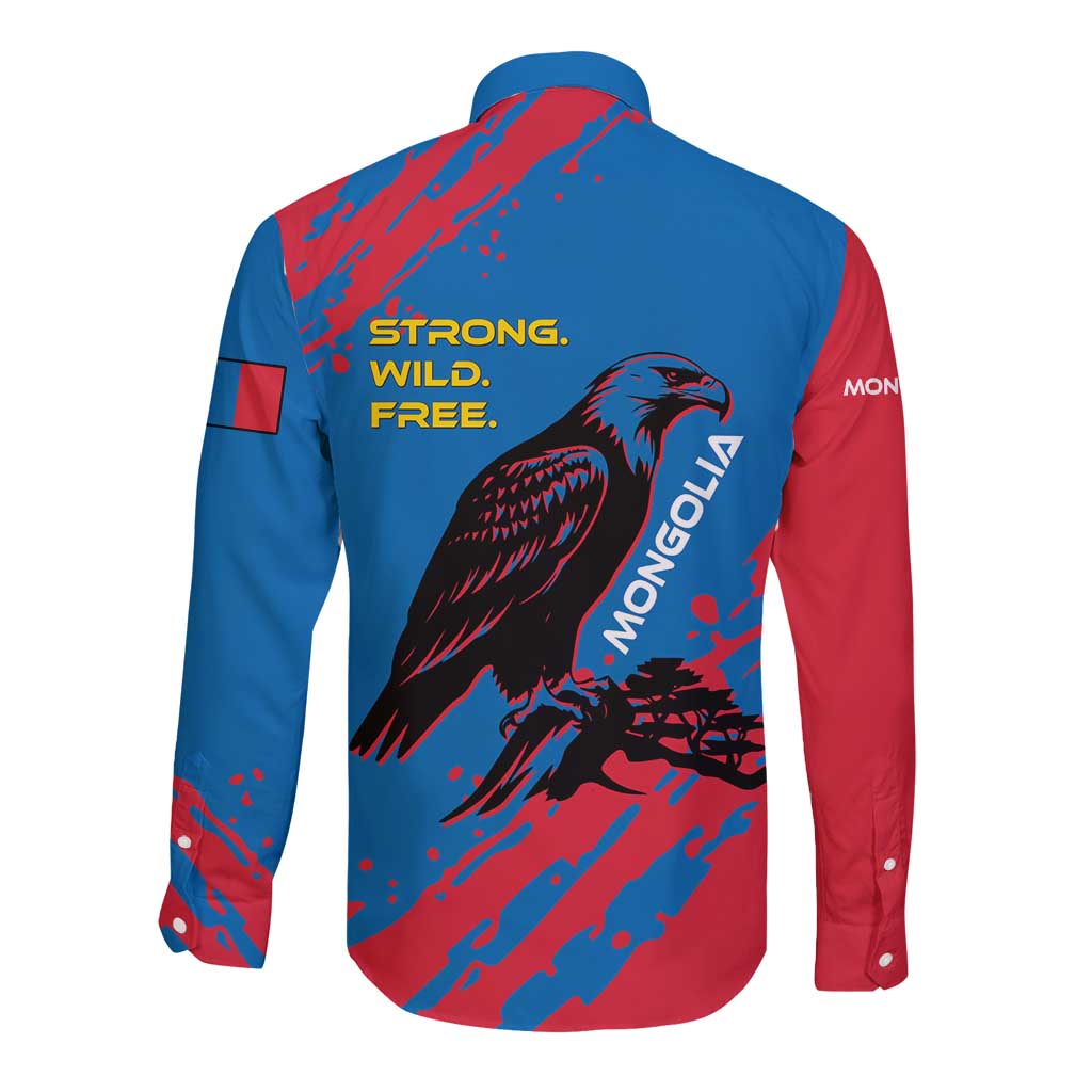 Mongolia Long Sleeve Button Shirt with Eagle Strong Wild Free Red Blue Brush Spirit