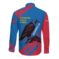 Mongolia Long Sleeve Button Shirt with Eagle Strong Wild Free Red Blue Brush Spirit