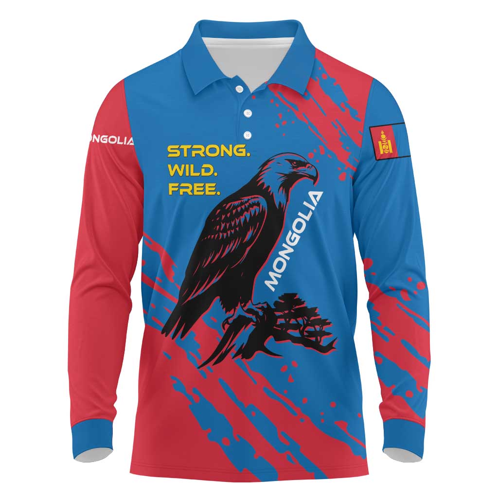 Mongolia Long Sleeve Polo Shirt with Eagle Strong Wild Free Red Blue Brush Spirit