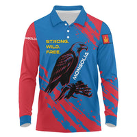 Mongolia Long Sleeve Polo Shirt with Eagle Strong Wild Free Red Blue Brush Spirit