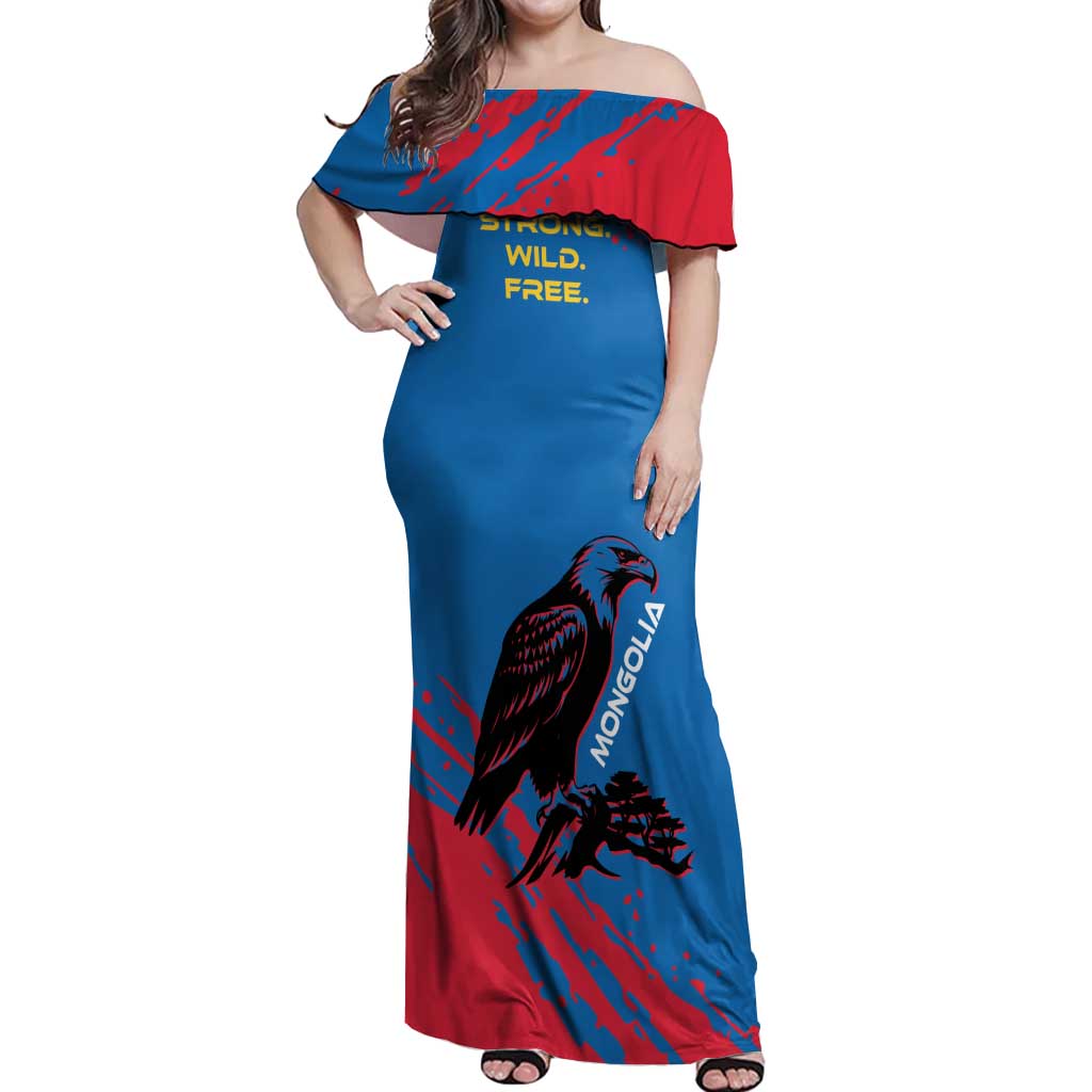 Mongolia Off Shoulder Maxi Dress with Eagle Strong Wild Free Red Blue Brush Spirit