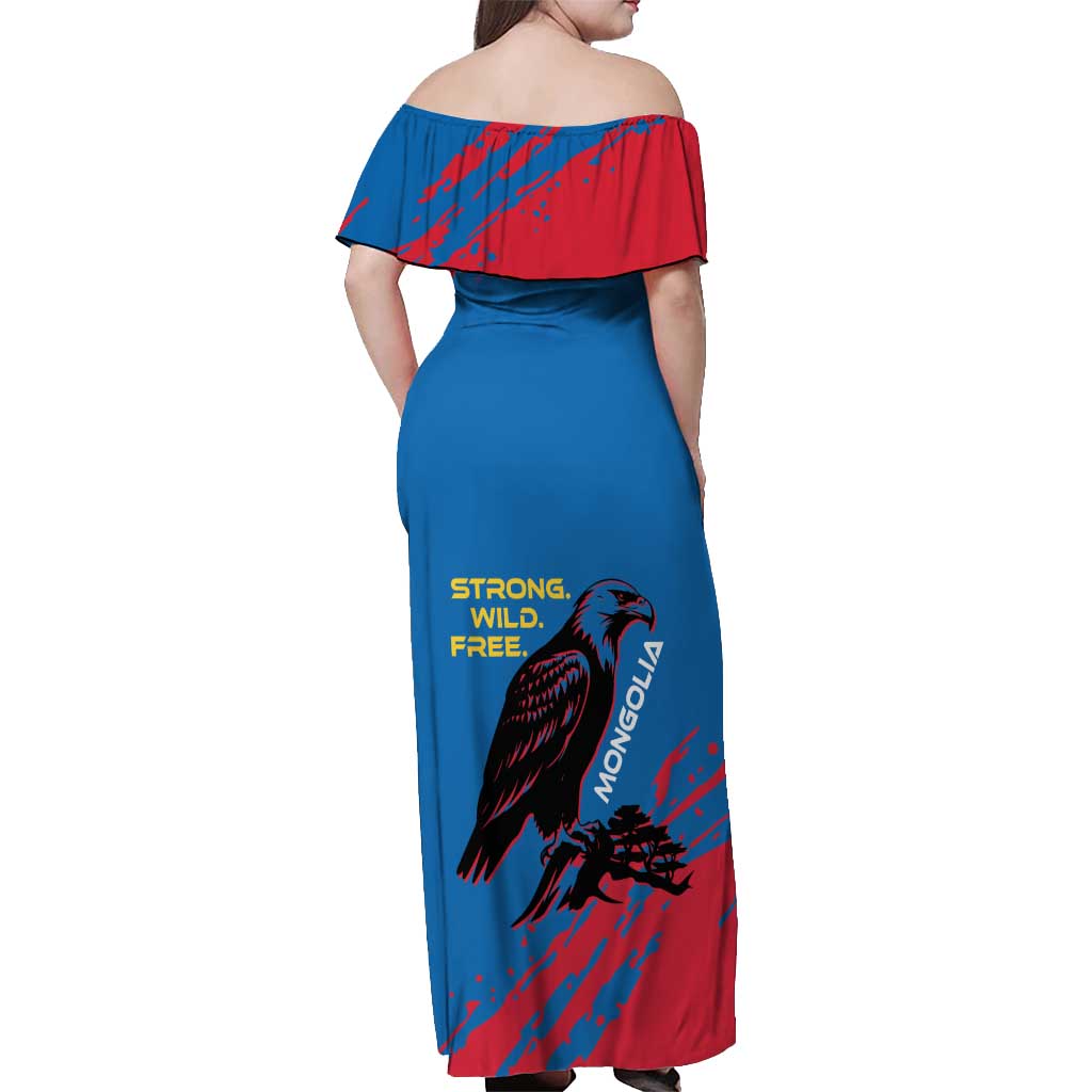 Mongolia Off Shoulder Maxi Dress with Eagle Strong Wild Free Red Blue Brush Spirit