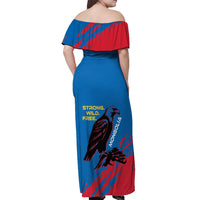 Mongolia Off Shoulder Maxi Dress with Eagle Strong Wild Free Red Blue Brush Spirit