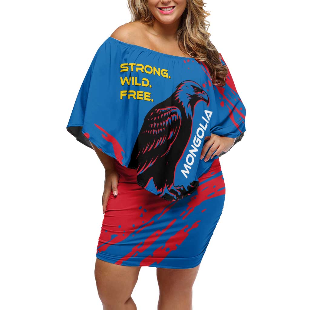 Mongolia Off Shoulder Short Dress with Eagle Strong Wild Free Red Blue Brush Spirit