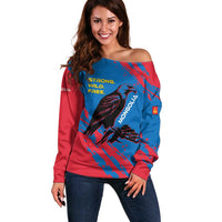 Mongolia Off Shoulder Sweater with Eagle Strong Wild Free Red Blue Brush Spirit