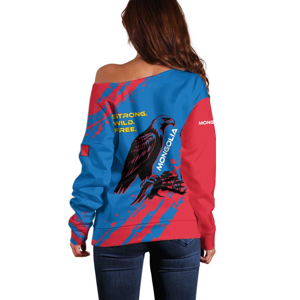 Mongolia Off Shoulder Sweater with Eagle Strong Wild Free Red Blue Brush Spirit