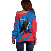 Mongolia Off Shoulder Sweater with Eagle Strong Wild Free Red Blue Brush Spirit