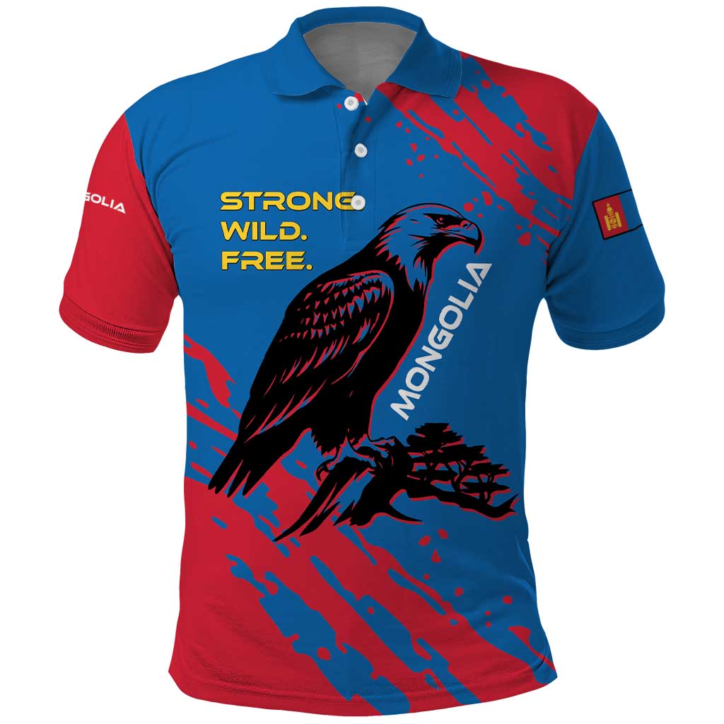 Mongolia Polo Shirt with Eagle Strong Wild Free Red Blue Brush Spirit