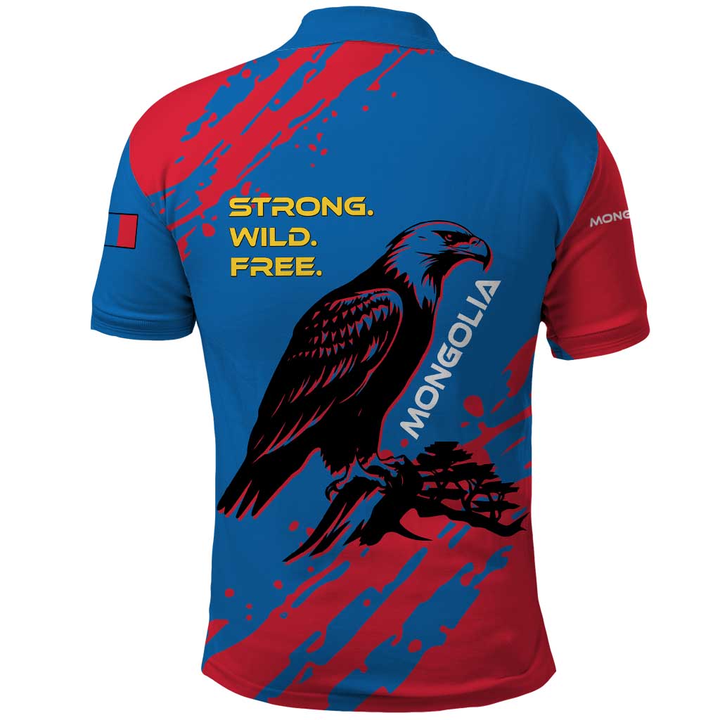 Mongolia Polo Shirt with Eagle Strong Wild Free Red Blue Brush Spirit