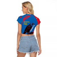 Mongolia Raglan Cropped T Shirt with Eagle Strong Wild Free Red Blue Brush Spirit