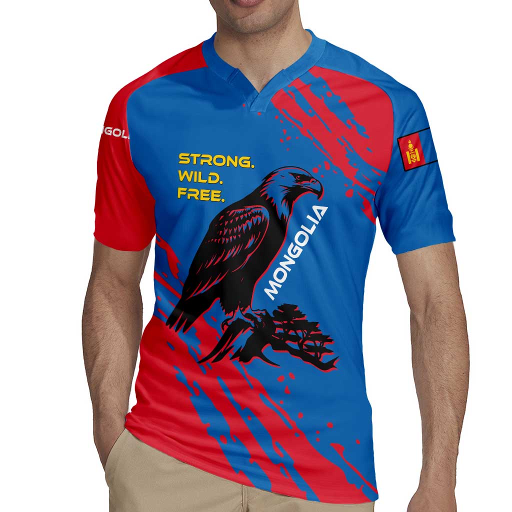Mongolia Rugby Jersey with Eagle Strong Wild Free Red Blue Brush Spirit