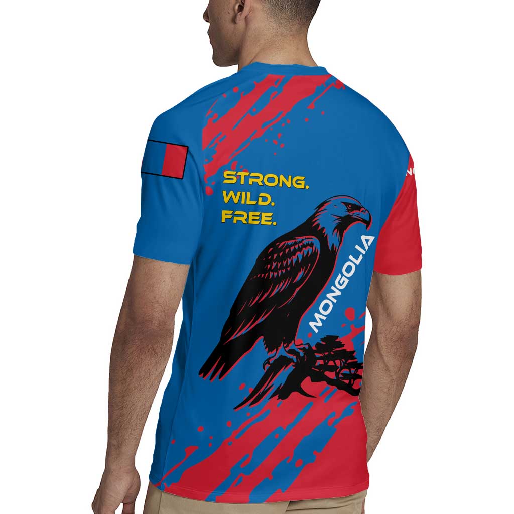 Mongolia Rugby Jersey with Eagle Strong Wild Free Red Blue Brush Spirit