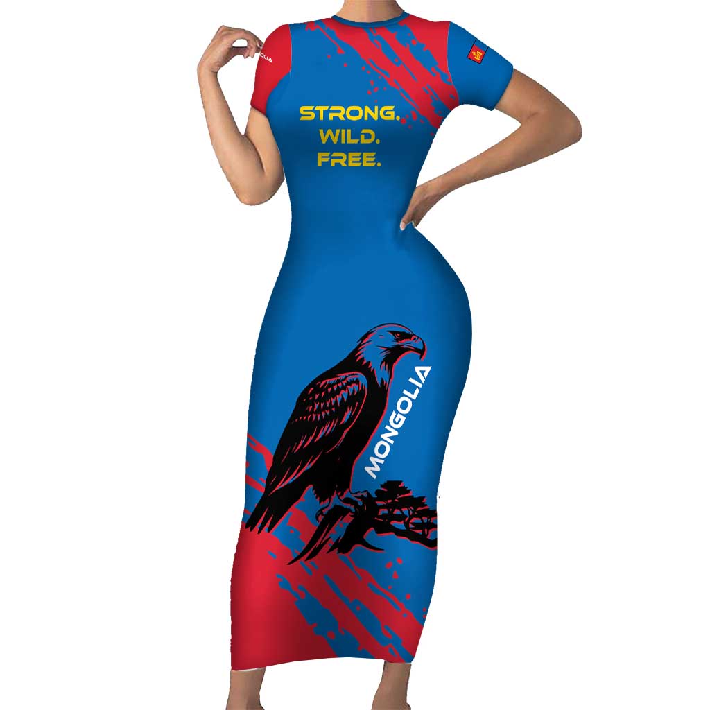 Mongolia Short Sleeve Bodycon Dress with Eagle Strong Wild Free Red Blue Brush Spirit