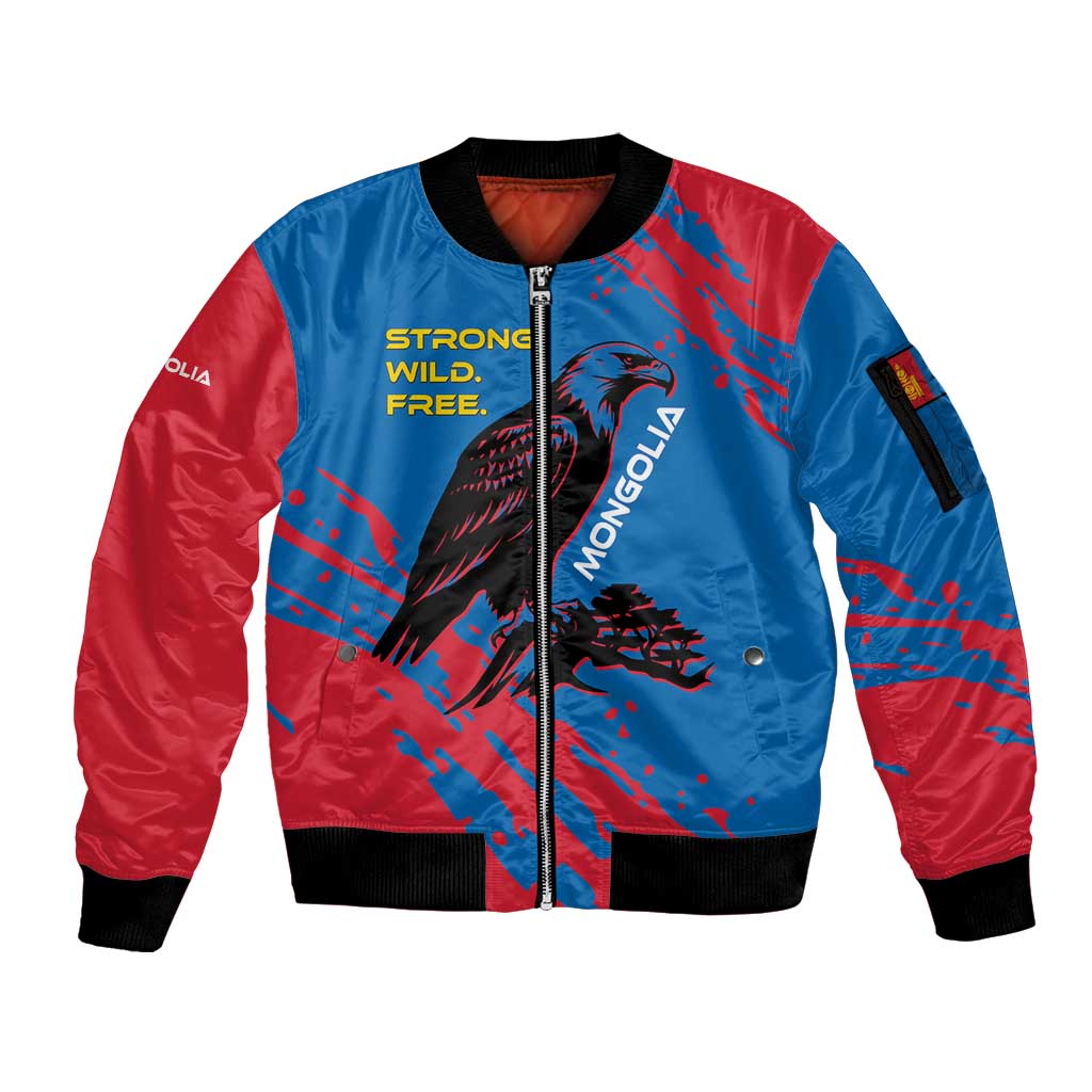 Mongolia Sleeve Zip Bomber Jacket with Eagle Strong Wild Free Red Blue Brush Spirit