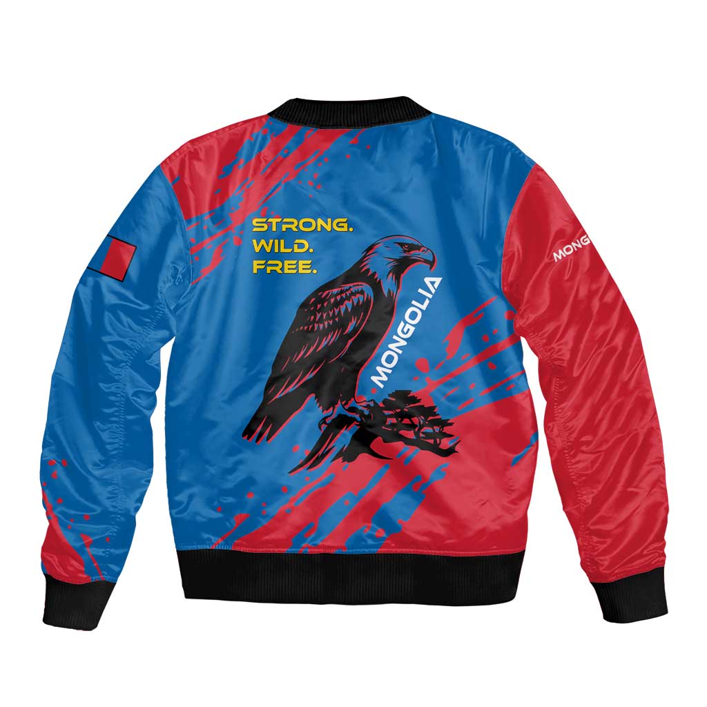 Mongolia Sleeve Zip Bomber Jacket with Eagle Strong Wild Free Red Blue Brush Spirit
