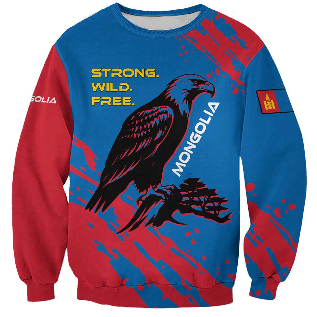Mongolia Sweatshirt with Eagle Strong Wild Free Red Blue Brush Spirit