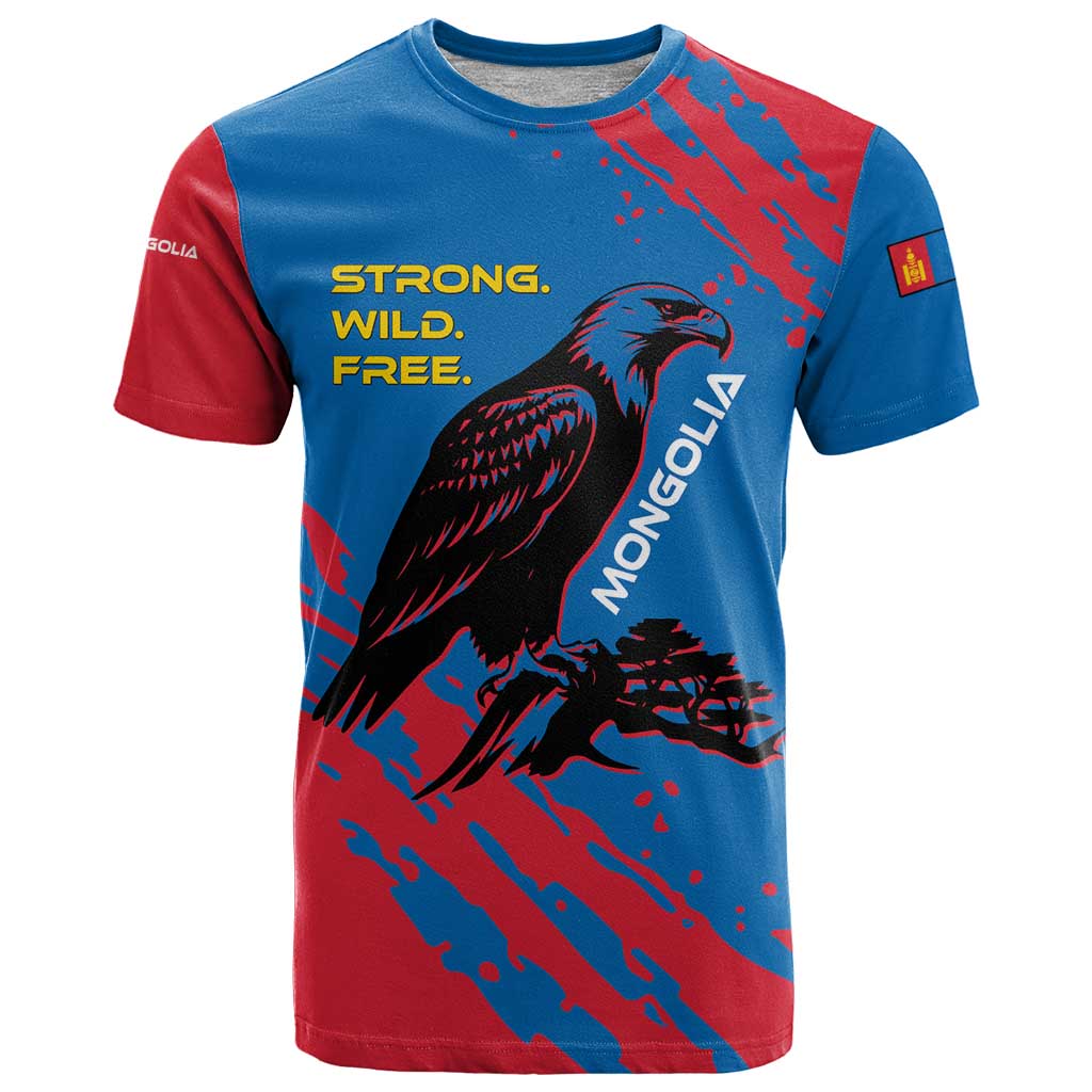 Mongolia T Shirt with Eagle Strong Wild Free Red Blue Brush Spirit