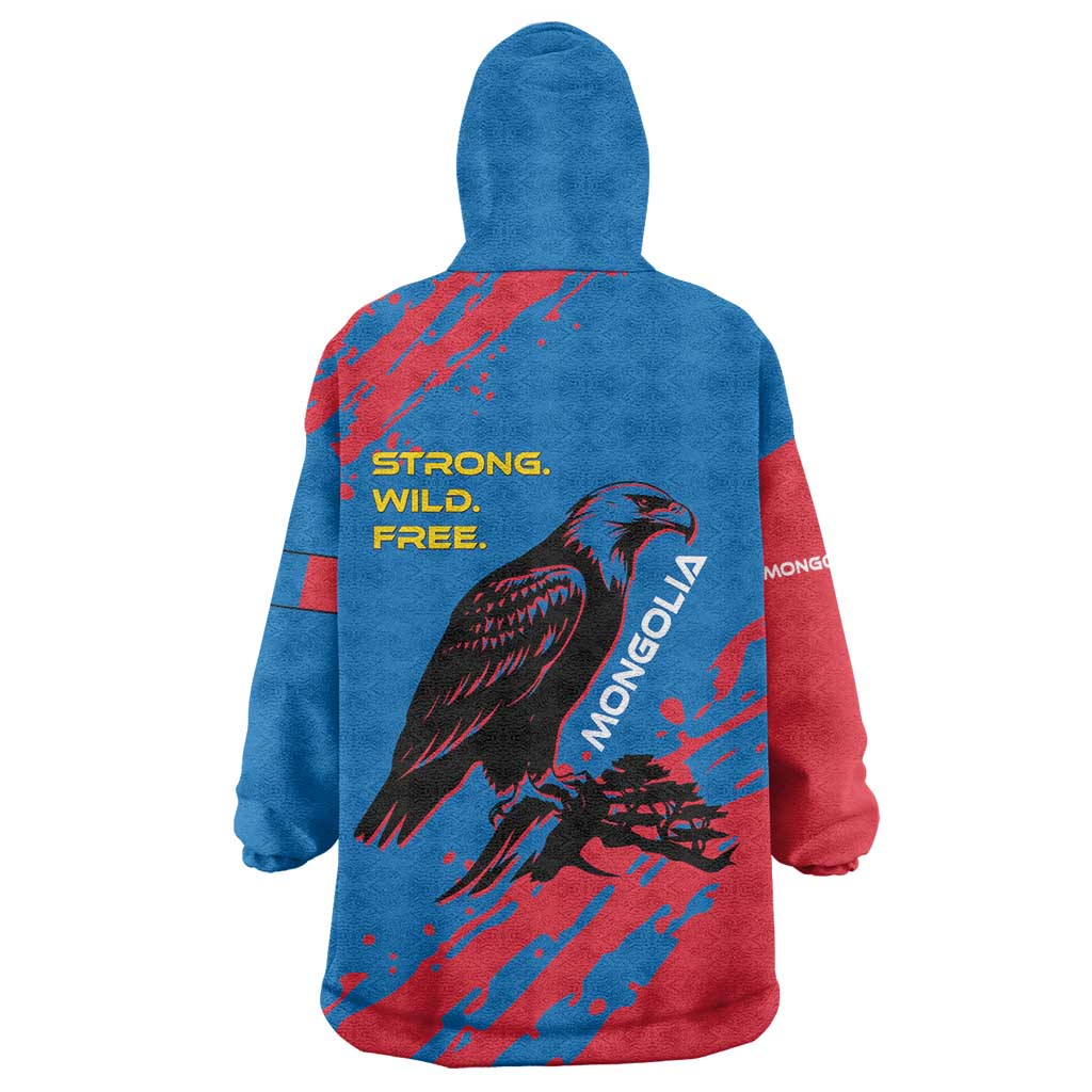 Mongolia Wearable Blanket Hoodie with Eagle Strong Wild Free Red Blue Brush Spirit