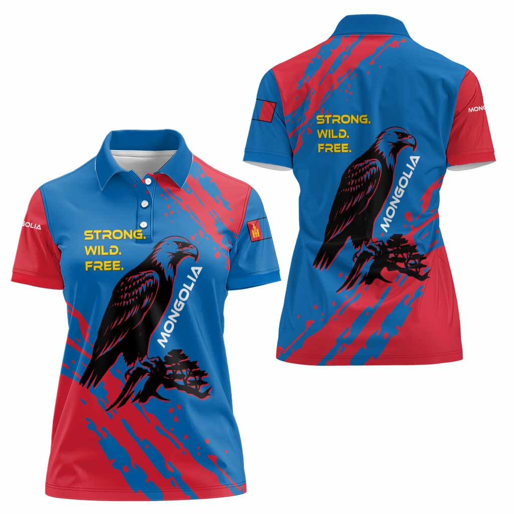 Mongolia Women Polo Shirt with Eagle Strong Wild Free Red Blue Brush Spirit