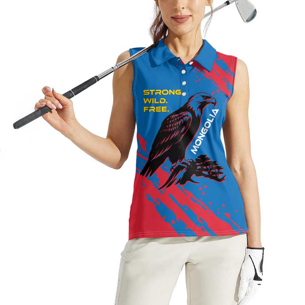 Mongolia Women Sleeveless Polo Shirt with Eagle Strong Wild Free Red Blue Brush Spirit