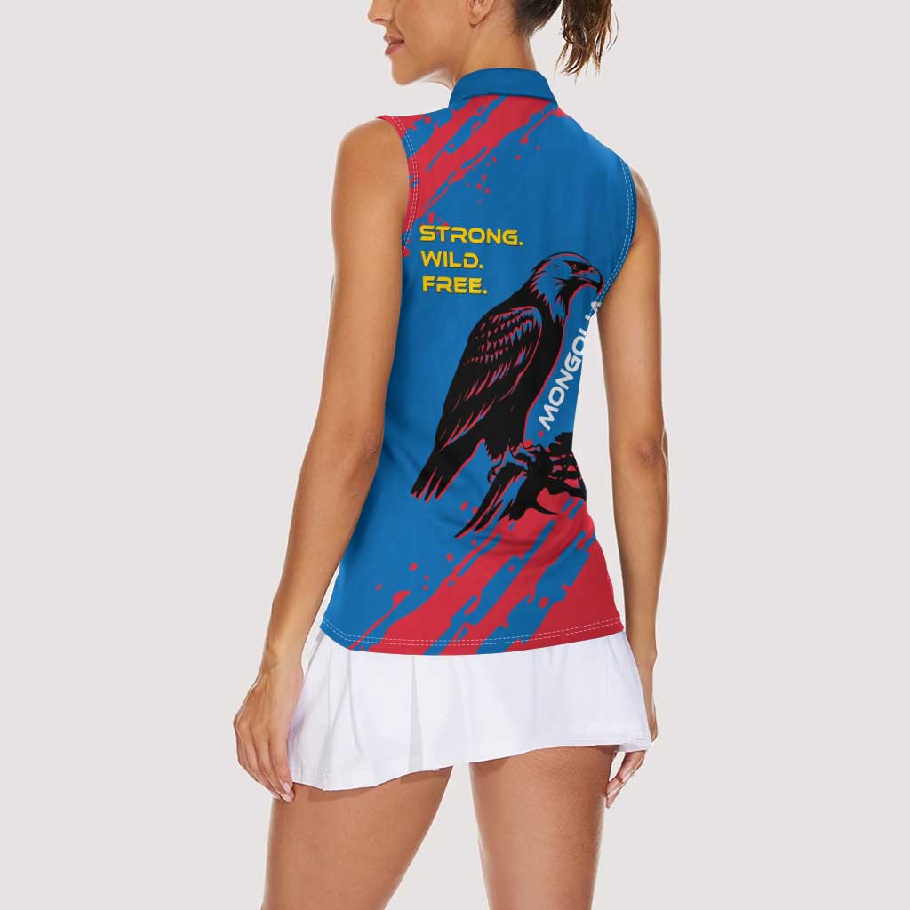 Mongolia Women Sleeveless Polo Shirt with Eagle Strong Wild Free Red Blue Brush Spirit